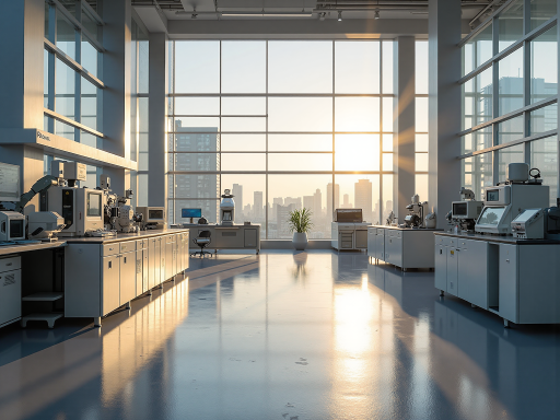 现代化实验室内部，科研人员正在进行光伏电池测试，各种精密仪器设备整齐排列，体现企业的技术实力